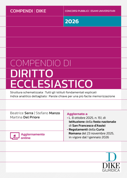 Kniha Compendio di diritto ecclesiastico 2026 Beatrice Serra