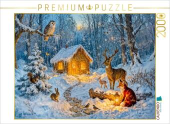 Hra/Hračka CALVENDO Puzzle Winter Cottage im Wald mit Eule, Hase, Hirsch, Fuchs | 2000 Teile Lege-Größe 90x67cm Foto-Puzzle für glückliche Stunden Calvendo