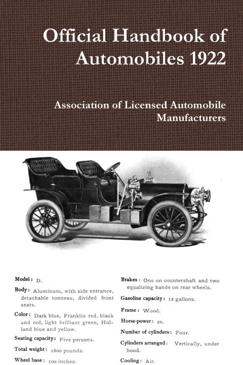 Libro Official Handbook of Automobiles 1922 Association of License... Manufacturers