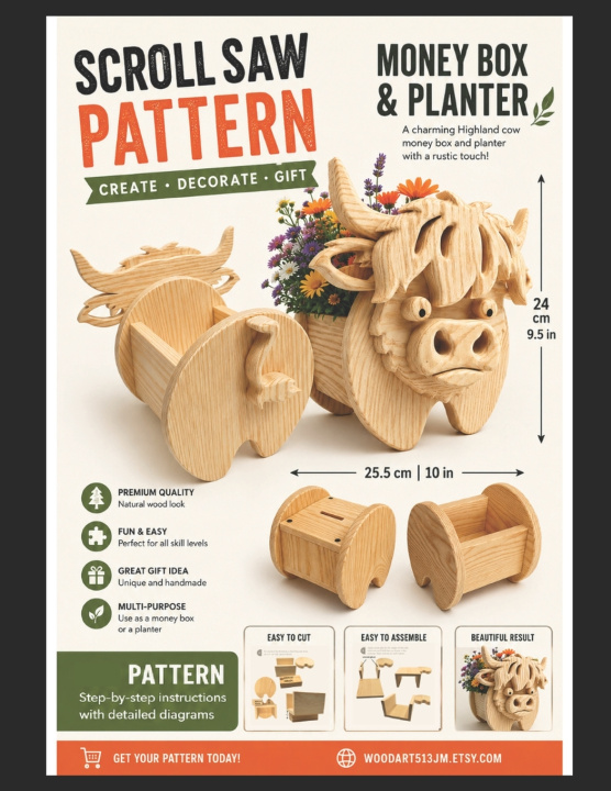 Libro Highland Cow Money Box & Planter Woodart513 JM