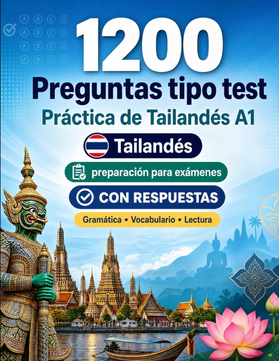 Könyv 1200 preguntas tipo test para practicar Tailandés nivel A1 PracticeLingo