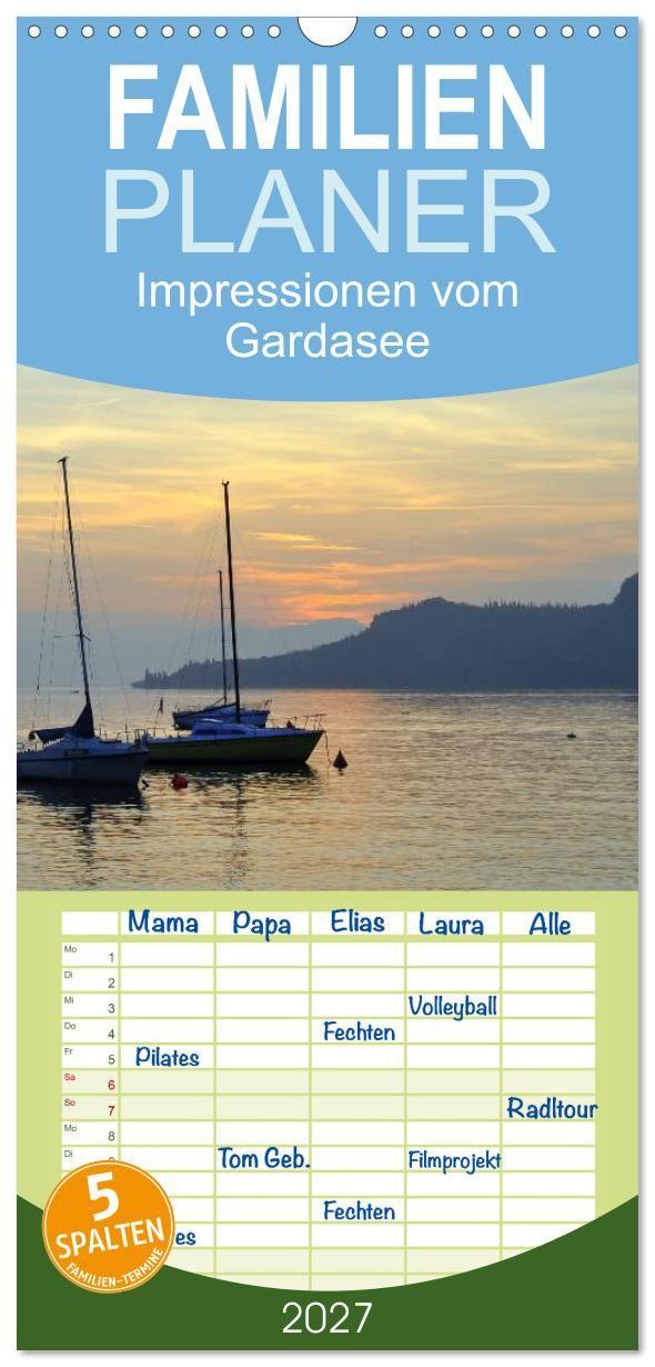 Naptár/Határidőnapló Familienplaner 2027 - Impressionen vom Gardasee mit 5 Spalten (Wandkalender, 21 x 45 cm) CALVENDO Calvendo