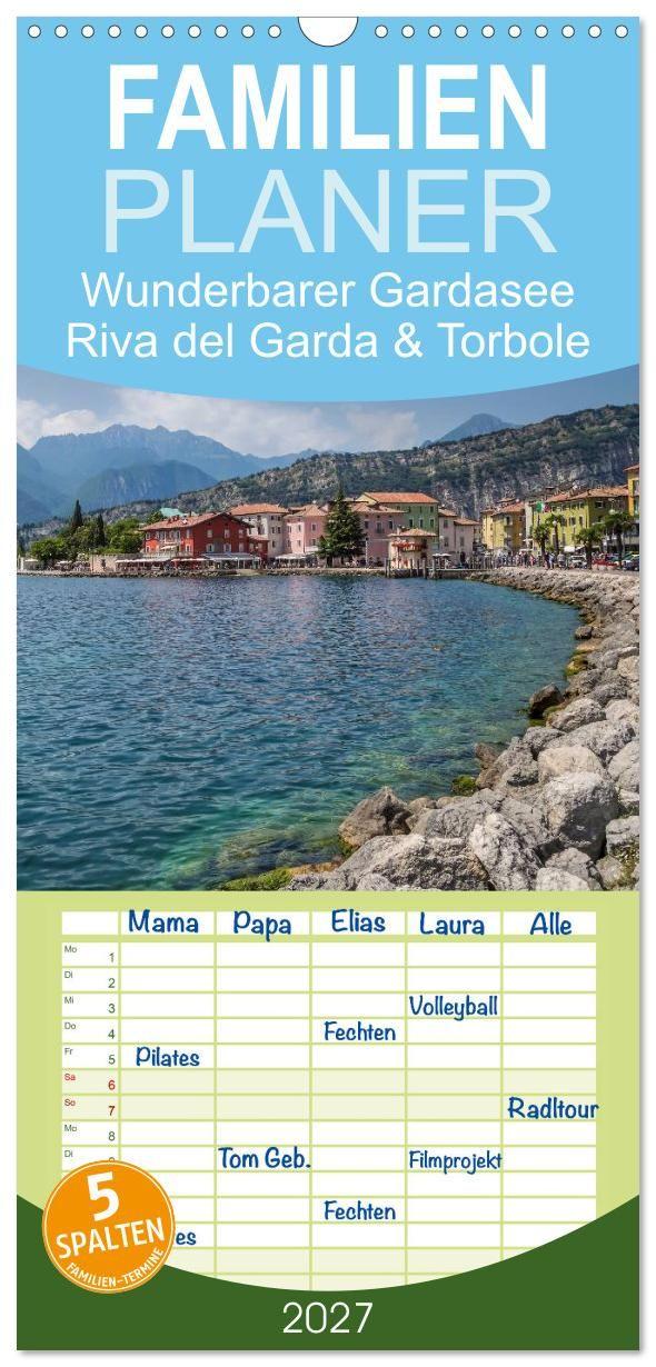 Naptár/Határidőnapló Familienplaner 2027 - WUNDERBARER GARDASEE Riva del Garda und Torbole mit 5 Spalten (Wandkalender, 21 x 45 cm) CALVENDO Calvendo