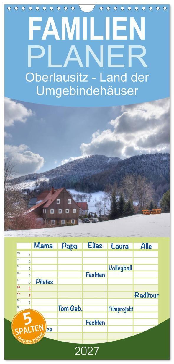 Naptár/Határidőnapló Familienplaner 2027 - Oberlausitz - Land der Umgebindehäuser mit 5 Spalten (Wandkalender, 21 x 45 cm) CALVENDO Calvendo