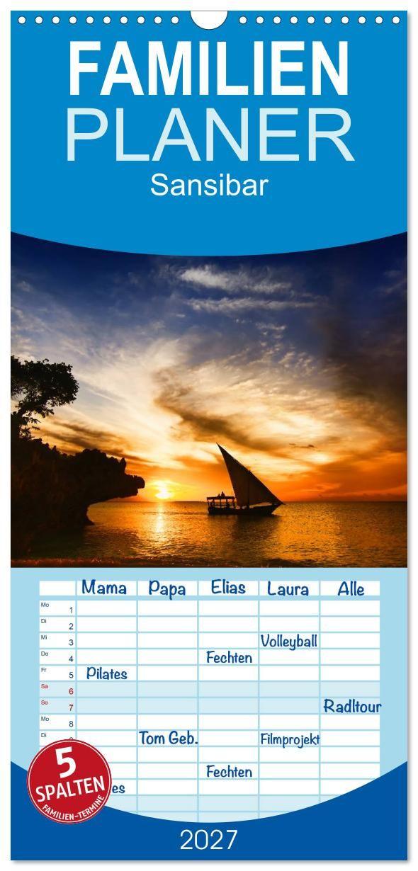 Naptár/Határidőnapló Familienplaner 2027 - Sansibar mit 5 Spalten (Wandkalender, 21 x 45 cm) CALVENDO Calvendo