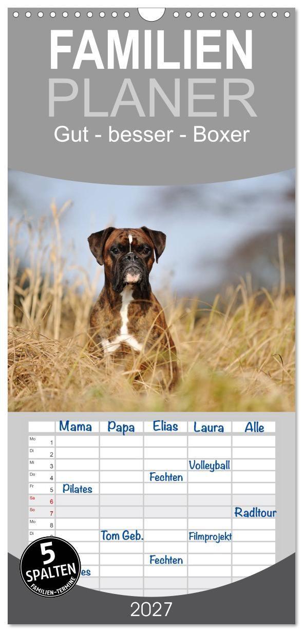 Naptár/Határidőnapló Familienplaner 2027 - Gut - besser - Boxer mit 5 Spalten (Wandkalender, 21 x 45 cm) CALVENDO Calvendo
