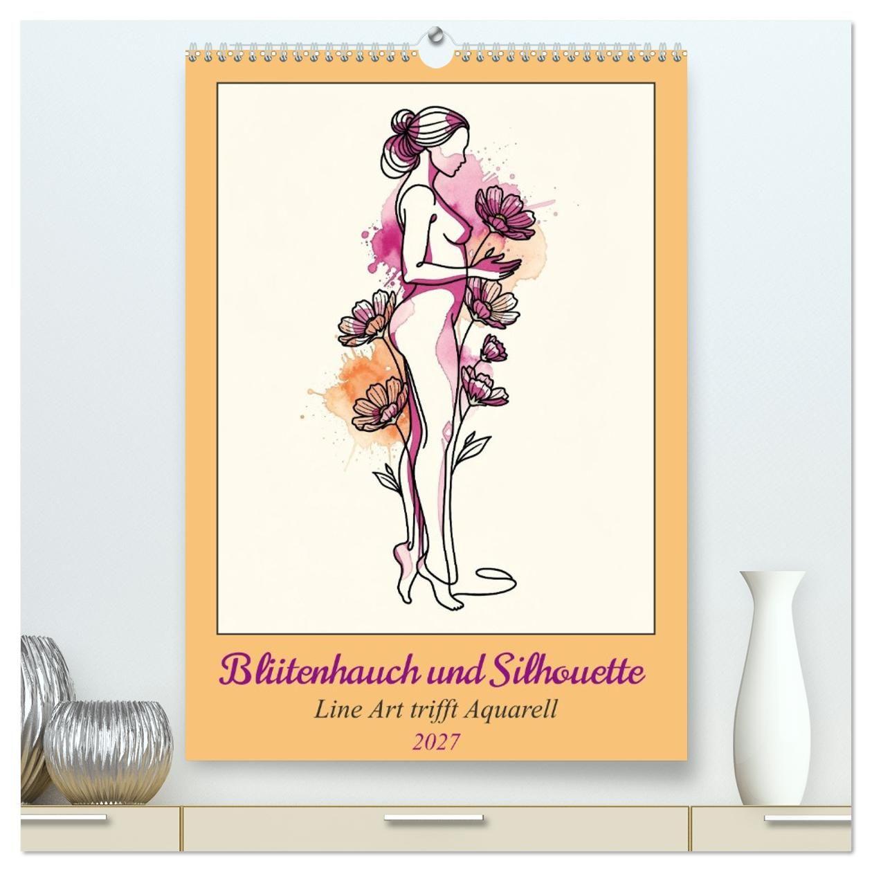 Kalendář/Diář Blütenhauch und Silhouette - Line Art trifft Aquarell (hochwertiger Premium Wandkalender 2027 DIN A2 hoch), Kunstdruck in Hochglanz Calvendo