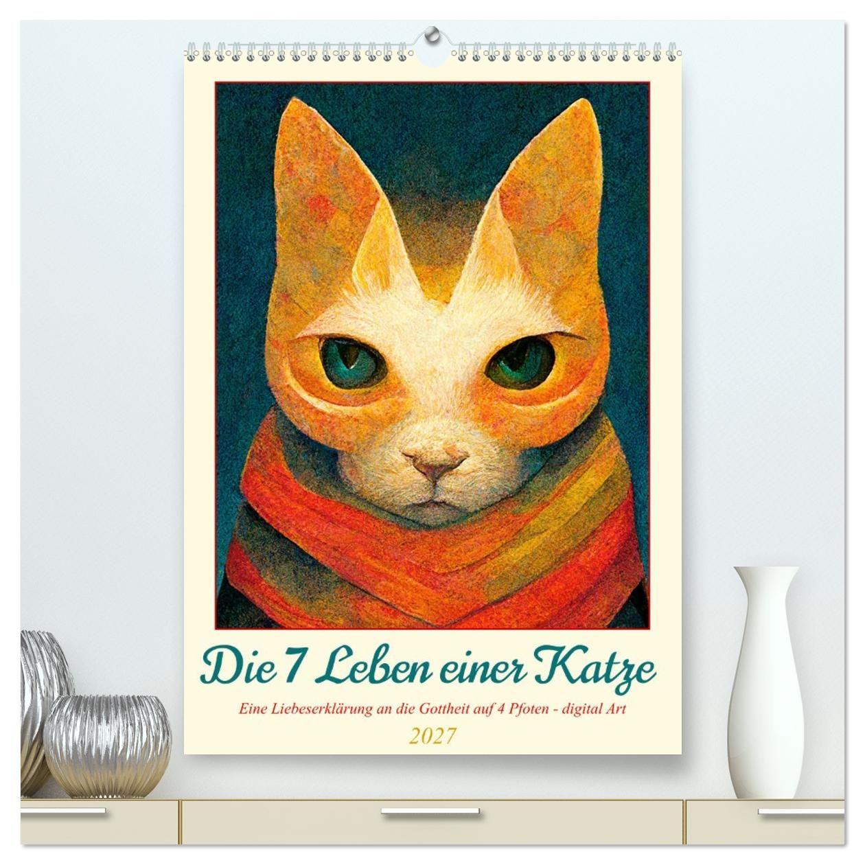 Kalendár/Diár Die 7 Leben einer Katze (hochwertiger Premium Wandkalender 2027 DIN A2 hoch), Kunstdruck in Hochglanz Calvendo
