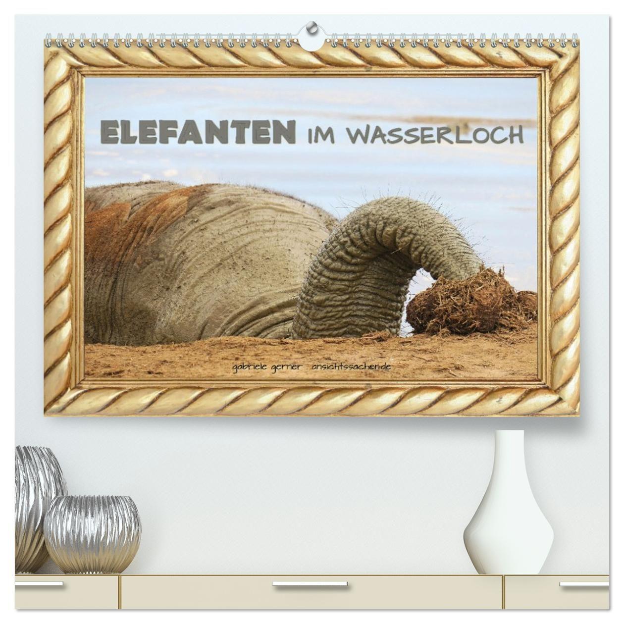 Kalender/Terminbuch Elefanten im Wasserloch (hochwertiger Premium Wandkalender 2027 DIN A2 quer), Kunstdruck in Hochglanz Calvendo