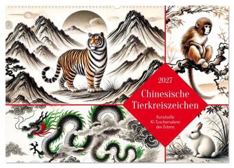 Kalender/agenda Chinesische Tierkreiszeichen - Kunstvolle KI-Tuschemalerei des Ostens (Wandkalender 2027 DIN A2 quer), CALVENDO Monatskalender Calvendo