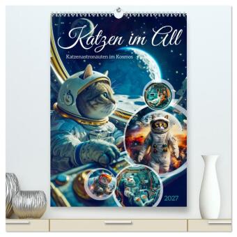 Naptár/Határidőnapló Katzen im All - Katzenastronauten im Kosmos (hochwertiger Premium Wandkalender 2027 DIN A2 hoch), Kunstdruck in Hochglanz Calvendo