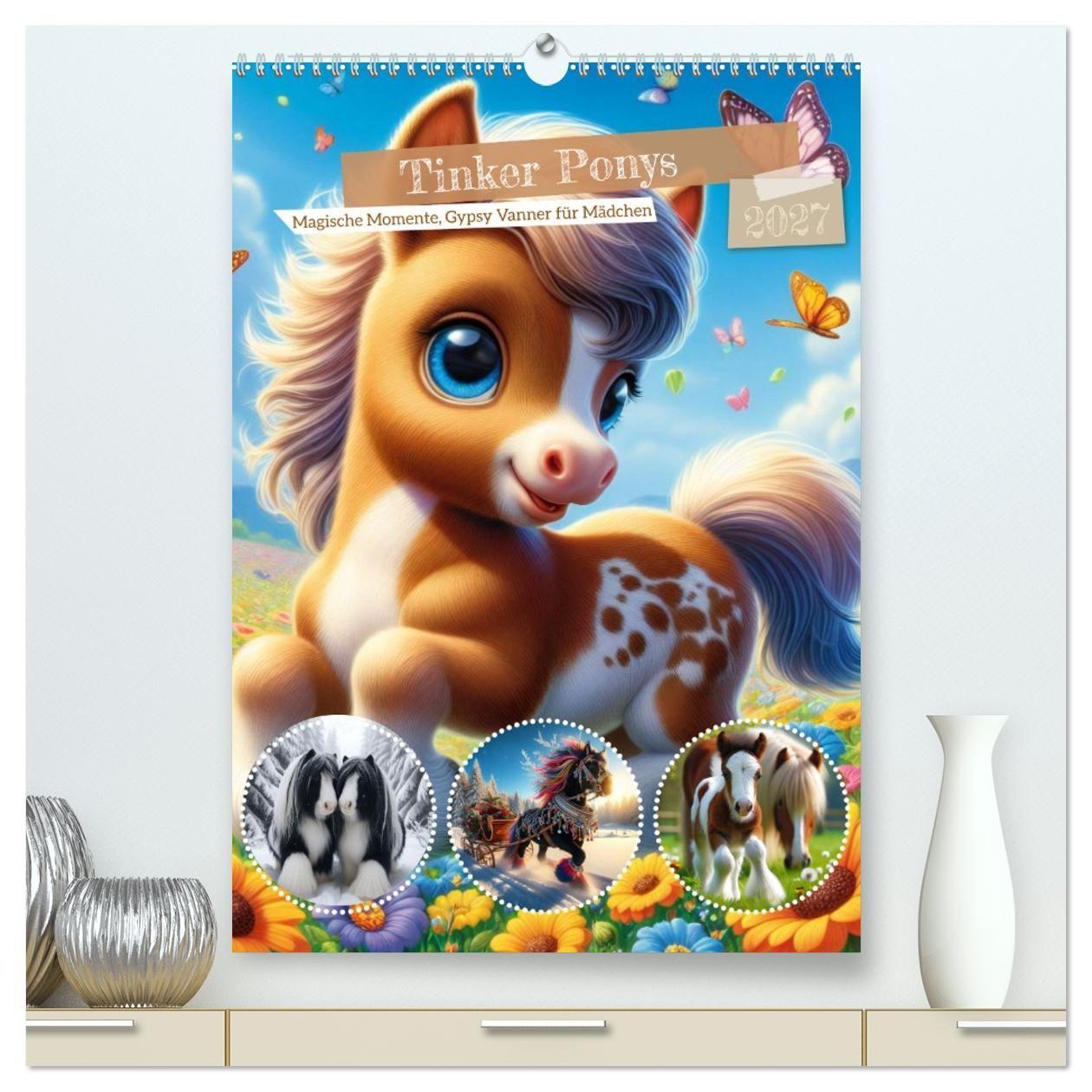 Kalendář/Diář Tinker Ponys - Magische Momente, Gypsy Vanner für Mädchen (hochwertiger Premium Wandkalender 2027 DIN A2 hoch), Kunstdruck in Hochglanz Calvendo