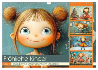 Kalender/Terminbuch Fröhliche Kinder. Bezaubernde Schulmädchen im Ölbilder-Stil (Wandkalender 2027 DIN A3 quer), CALVENDO Monatskalender Calvendo