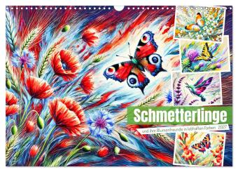 Naptár/Határidőnapló Schmetterlinge und ihre Blumenfreunde in lebhaften Farben (Wandkalender 2027 DIN A3 quer), CALVENDO Monatskalender Calvendo
