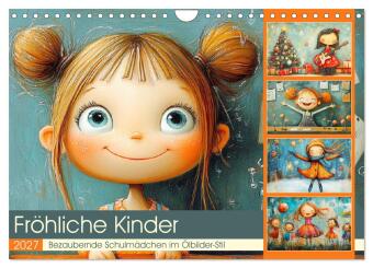 Naptár/Határidőnapló Fröhliche Kinder. Bezaubernde Schulmädchen im Ölbilder-Stil (Wandkalender 2027 DIN A4 quer), CALVENDO Monatskalender Calvendo