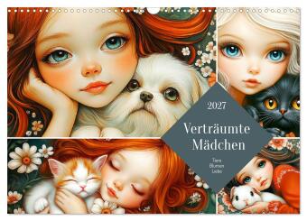Kalender/Terminbuch Verträumte Mädchen. Tiere, Blumen, Liebe. (Wandkalender 2027 DIN A3 quer), CALVENDO Monatskalender Calvendo